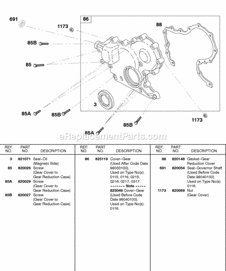 Gear Cover Diagram and Parts List for 433447-0215-E2  Briggs and Stratton Engine